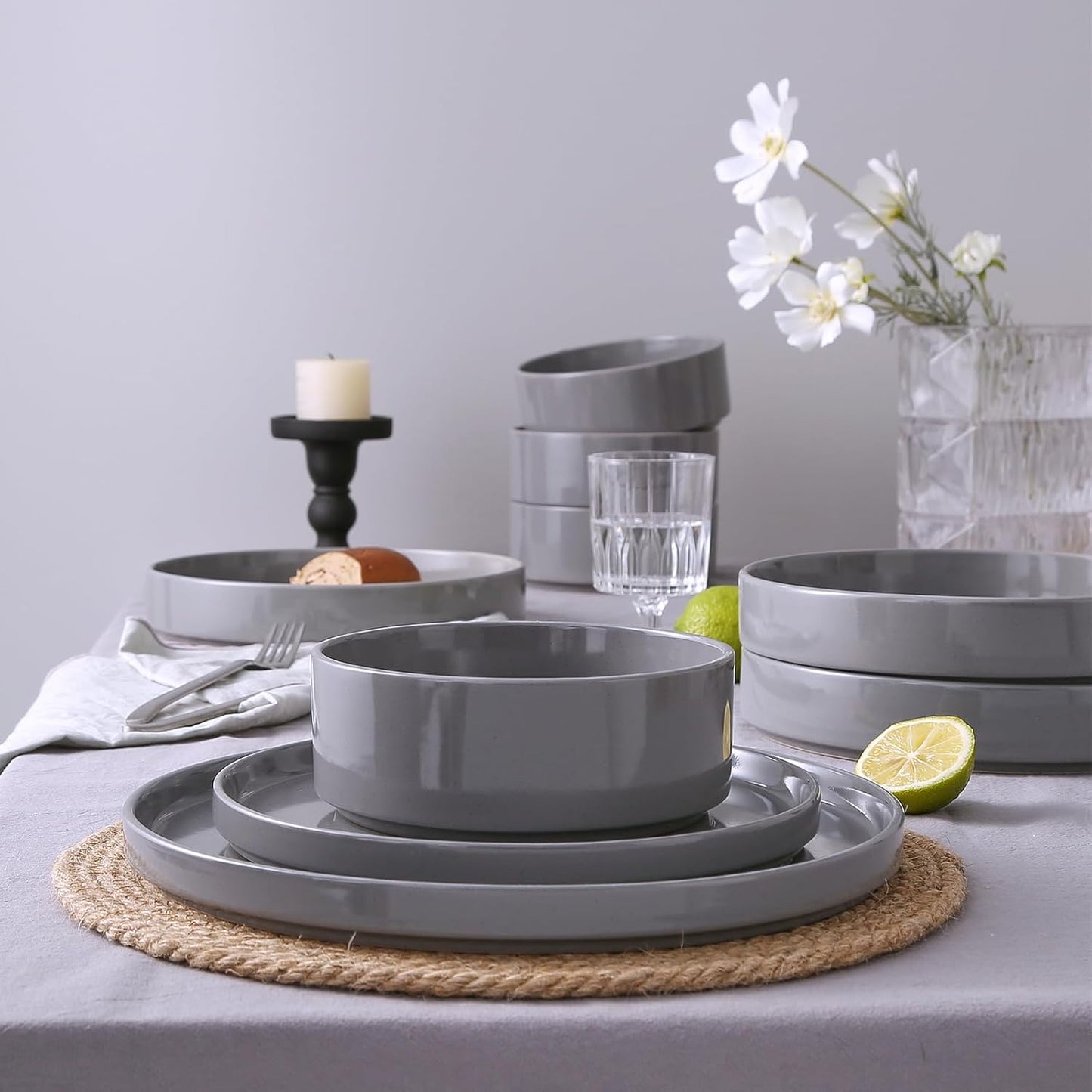 Famiware Nebula Plates and Bowls Set, 24 Pieces Dinnerware Sets, Dishes Set for 8, Dark Gray