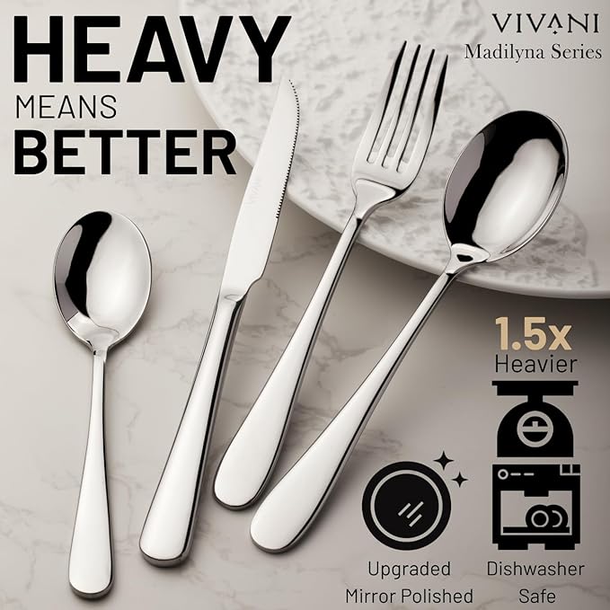 VIVANI 16 Piece Heavy Silverware Set, Forged Flatware Set with Steak Knives, Premium Stainless Steel Cutlery Set for 4, for Kitchen, Home, Wedding, Party, Mirror Polished and Dishwasher Safe