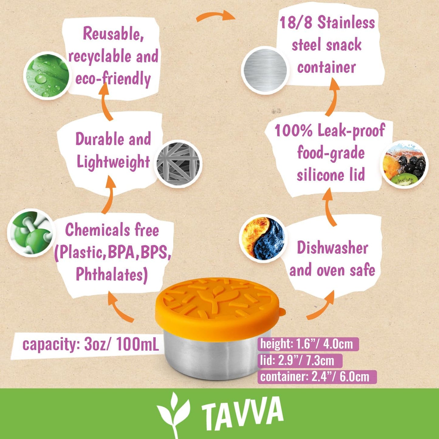 TAVVA 4 X 3 oz Food Storage Containers with Lids - Leakproof w/Silicone Lids - BPA Free - Dishwasher & Freezer Safe - Portable & Reusable - Small Stainless Steel Snack Cups Dressing Containers