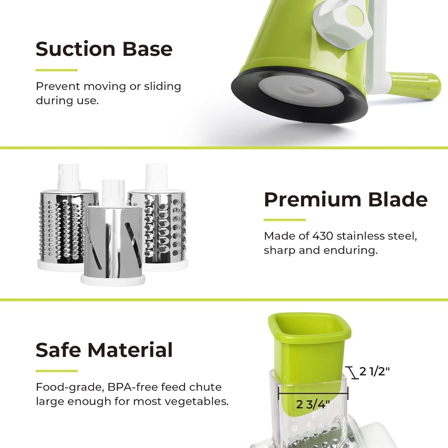 X Home Rotary Cheese Grater for Kitchen, Shredder with 3 Interchangeable Blades, Rotary Grater with Handle and Strong Suction Base, for Vegetables, Fruit, Nuts, Easy to Use and Clean, Green