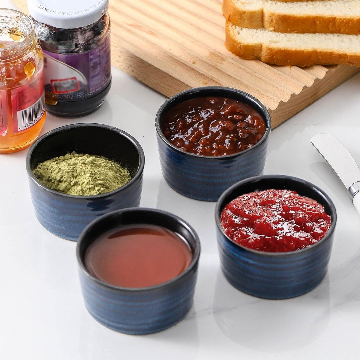 Hasense 4 oz Ramekins Oven Safe,Ceramic Creme Brulee Dish for Baking Set of 6,Porcelain Dipping Sauce Bowls for Pudding, Souffle,Serving Dip,Custard,Ice Cream(Blue)