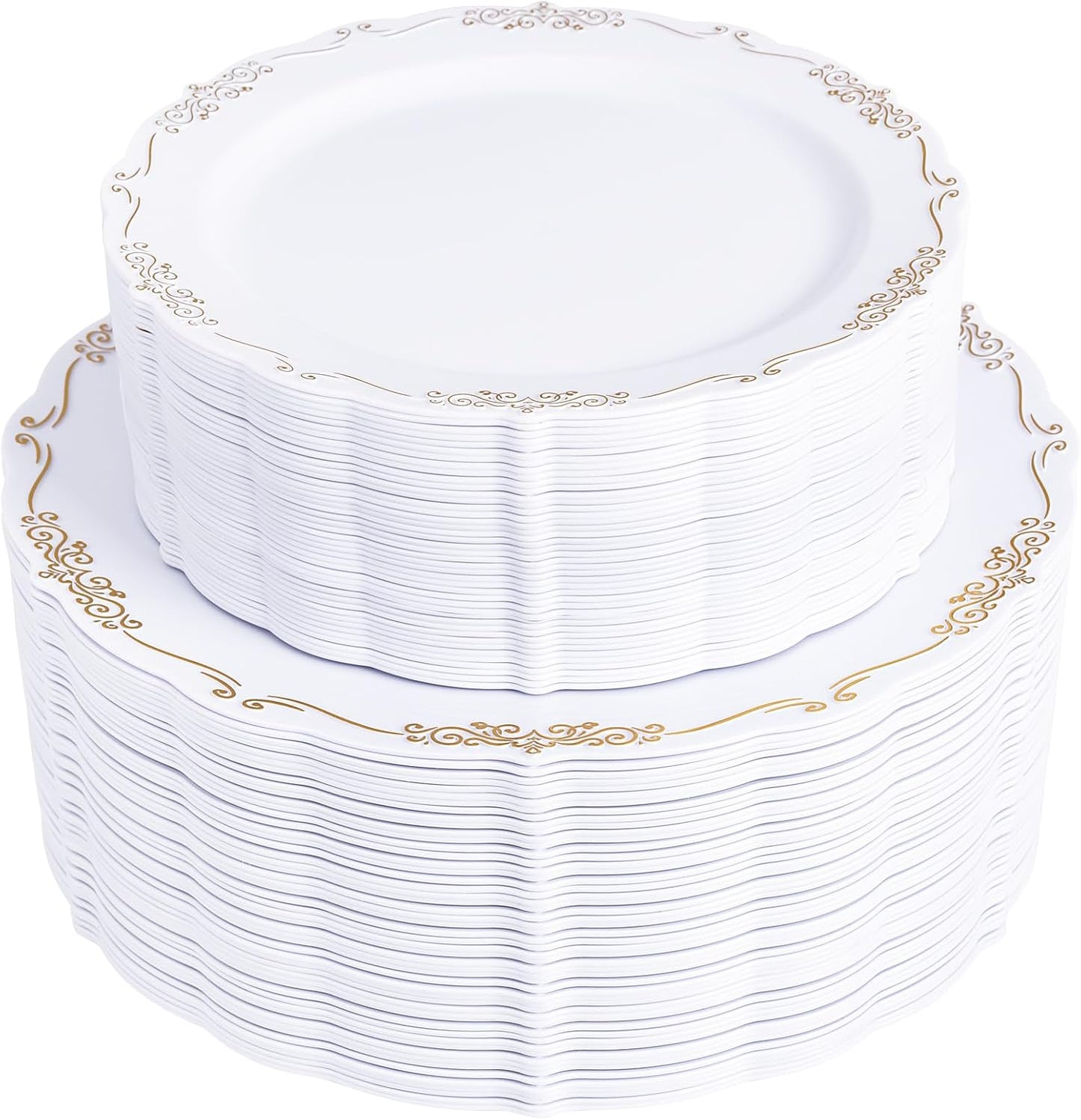 U-QE 100PCS Gold Plastic Disposable Plates - Heavy Duty White and Gold Plates Including 50PCS 10'' Dinner & 50PCS 7.5'' Dessert Plates Perfect for Upscale Party, Wedding