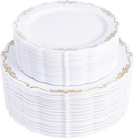 U-QE 100PCS Gold Plastic Disposable Plates - Heavy Duty White and Gold Plates Including 50PCS 10'' Dinner & 50PCS 7.5'' Dessert Plates Perfect for Upscale Party, Wedding