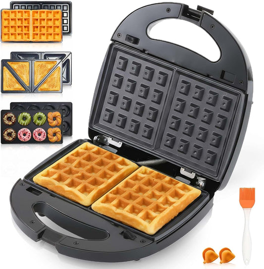 3-in-1 Mini Waffle Maker with Non-Stick Plates, Electric Sandwich Maker, Mini Donut Maker, Breakfast Sandwich Maker Press with Removable Plates, Compact Design & Adjustable Temperature Knob