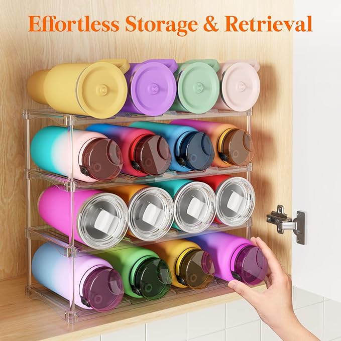 Lifewit Stackable Water Bottle Storage Organizer, Clear Tumbler Cup Mug Organizer, Plastic Large Compartment Wine Rack for Fridge Cellar Kitchen Pantry Storage, 4Tier Hold 16