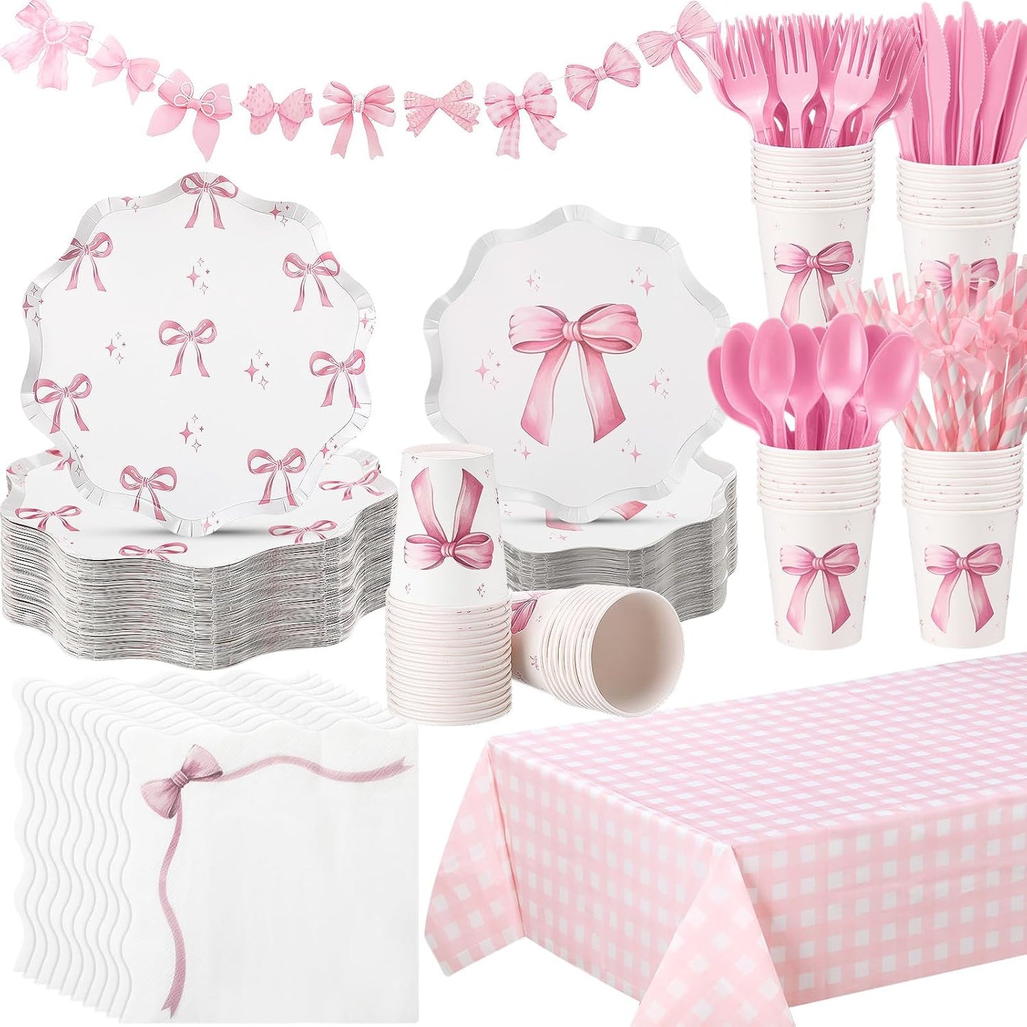 Sawysine 202 Pcs Pink Bow Party Supplies Serve 25 Disposable Dinnerware Set 50 Plates 25 Cups 25 Napkins 25 Plastic Forks 25 Knives 25 Spoons 25 Straw Flag Tablecloth