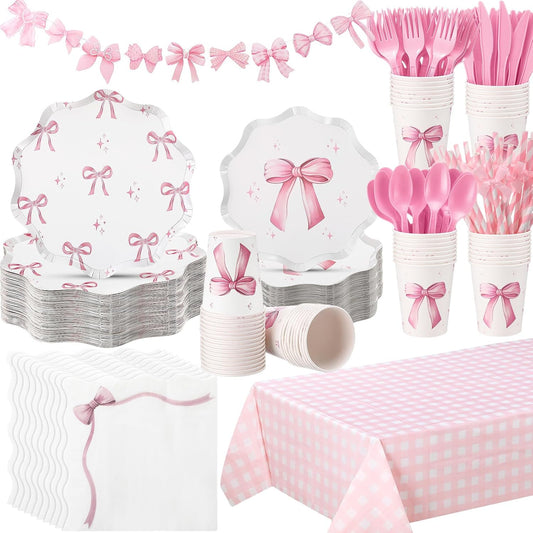 Sawysine 202 Pcs Pink Bow Party Supplies Serve 25 Disposable Dinnerware Set 50 Plates 25 Cups 25 Napkins 25 Plastic Forks 25 Knives 25 Spoons 25 Straw Flag Tablecloth