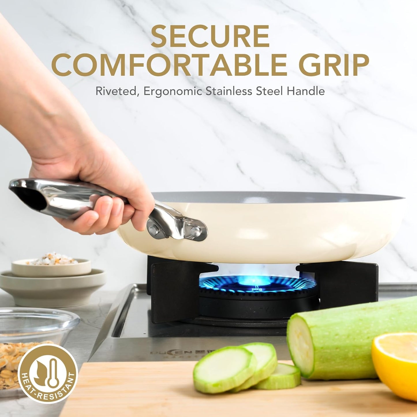 MICHELANGELO Non Stick Frying Pans - 10 Inch Frying Pan Nonstick with Lid, Nonstick Skillet with Lid, Non Toxic Frying Pan, Ceramic-Coated, Beige