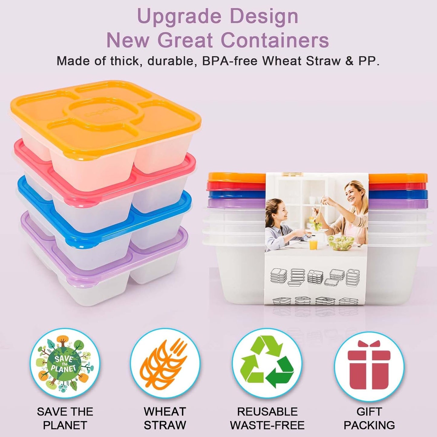 Caperci Original Lunchable Snack Containers - Bento Snack Boxes with 5-Compartment, Reusable Food Containers for School, Work and Travel, BPA-Free, Set of 4 (Classic)