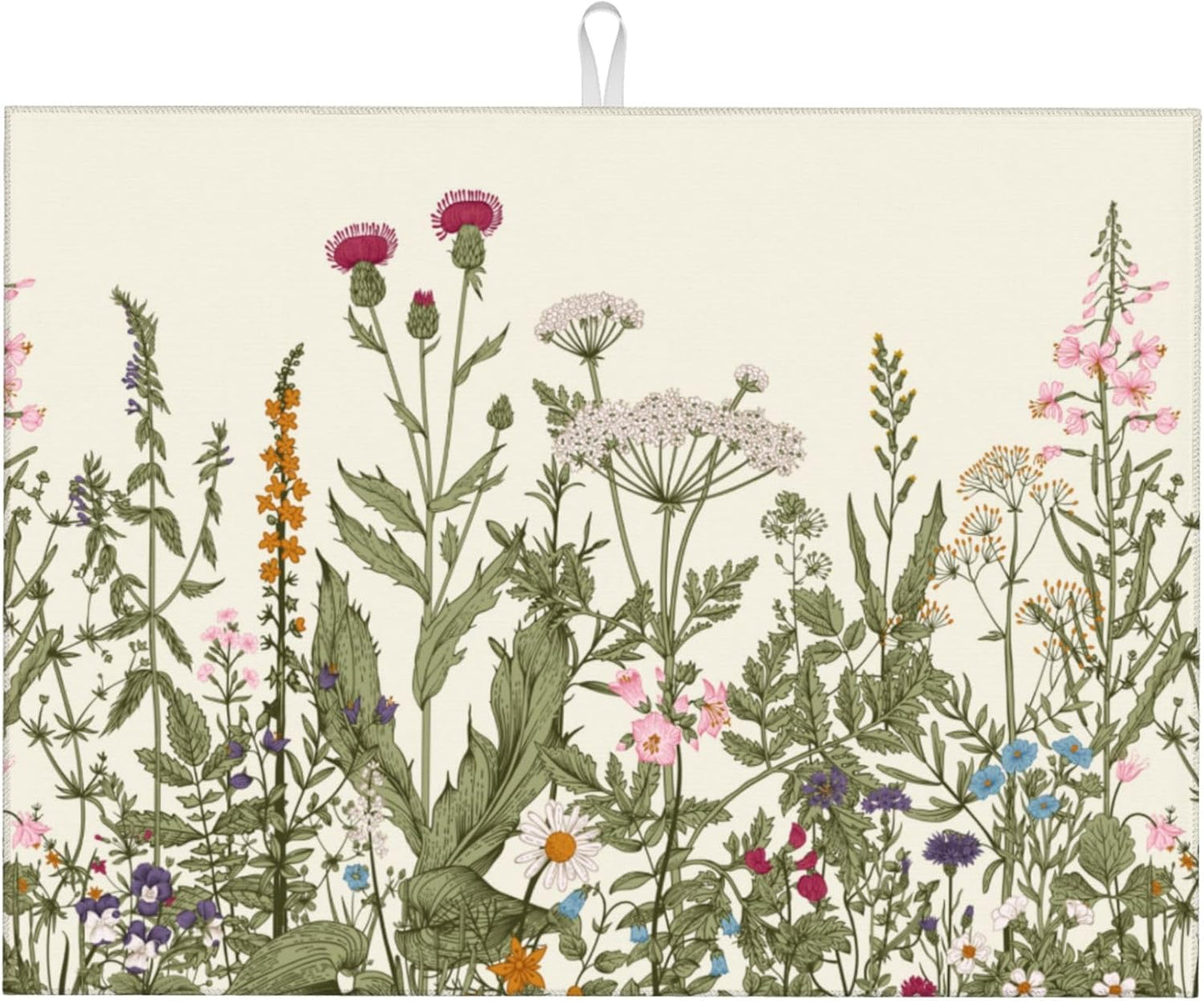 Floral Dish Drying Mat for Kitchen Counter, 18 x 24 Inch Microfiber Spring Summer Dish Mats for Drying Dishes, Antique Herbs and Flowers Dish Drying Pad Kitchen Decor Rack Mat