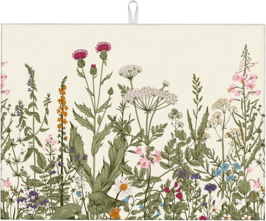 Floral Dish Drying Mat for Kitchen Counter, 18 x 24 Inch Microfiber Spring Summer Dish Mats for Drying Dishes, Antique Herbs and Flowers Dish Drying Pad Kitchen Decor Rack Mat