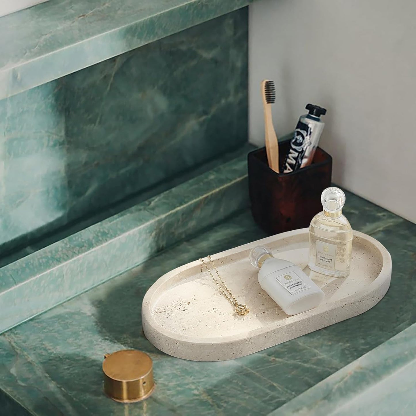 Natural Travertine Tray, Vanity Trays for Bathroom Countertop Organizer, Marble Decor Tray for Kitchen Counter (Beige, 9.8")