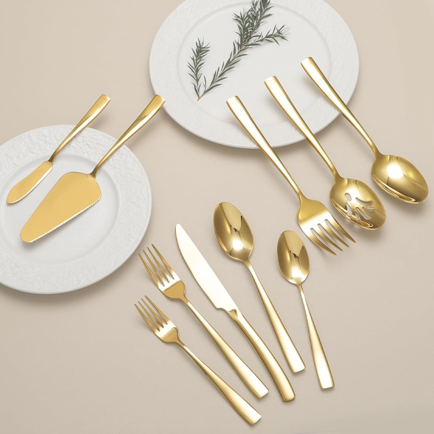 Large Hostess Serving Utensils Set, Stainless Steel Heavy Duty Serving spoons, Slotted Spoons, Serving Fork, Cake Server, Butter Knife, Dishwasher Safe (Gold)