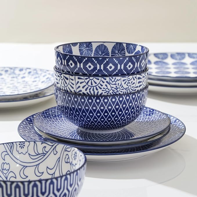 Selamica 30-Pieces Ceramic Dinnerware Sets for 6, Scratch Resistant Plates and Bowls Sets, Microwave and Dishwasher Safe, Vintage Blue A