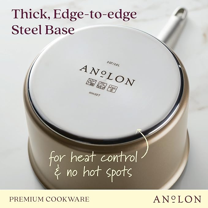 Anolon Ascend Hard Anodized Nonstick Sauce Pan/Saucepan and Lid - Good for All Stovetops (Gas, Glass Top, Electric & Induction), Dishwasher & Oven Safe with Stainless Steel Handle, 3 Quart - Bronze