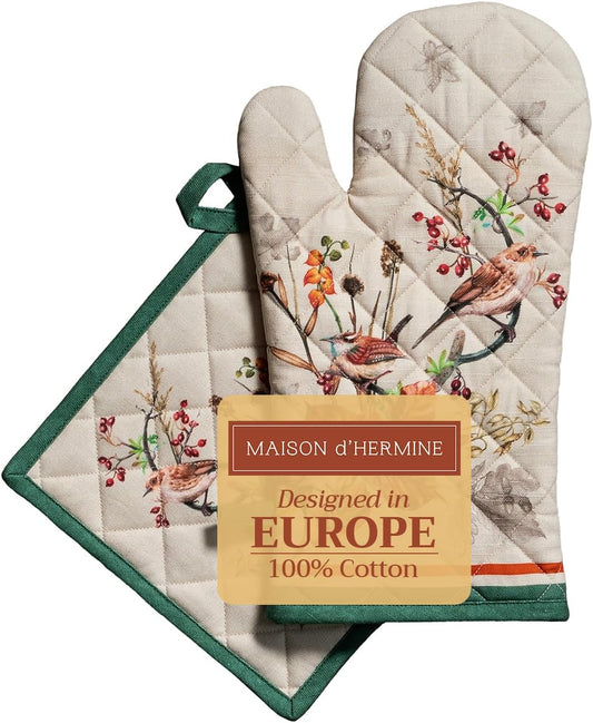 Maison d' Hermine 100% Cotton Oven Mitt & Pot Holder Set (7.5"x13" & 8"x8") Heat Resistant BBQ Cooking Gloves with Loop for Thanksgiving Christmas Decorations Handling Hot Pans (Recolte)