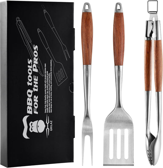 Heavy-Duty Rose Wooden BBQ Grilling Tools Set. Extra Thick Stainless Steel Multi-Function Spatula, Fork & Tongs | Essential Accessories for Barbecue & Grill. Ideal Gift for Father…