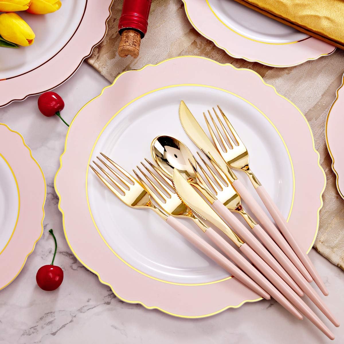 WDF 30Guest Pink Plates Disposable - Hign-end Baroque Design - Gold Plastic Silverware with Handle-Baroque Pink &Gold Plastic Dinnerware for Wedding/Baby Shower