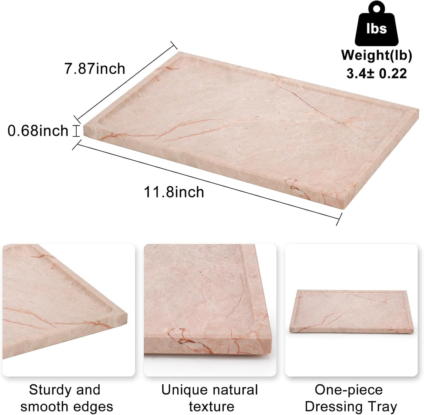 Real Luxurious Natural Marble Tray - 12x8 Inch Marble Vanity Tray for Perfume Display, Jewelry Organizer, Bathroom & Home Decor -Heavy Duty Non-Slip Stone Tray (Non-Resin/Non-Ceramic)（Pink）