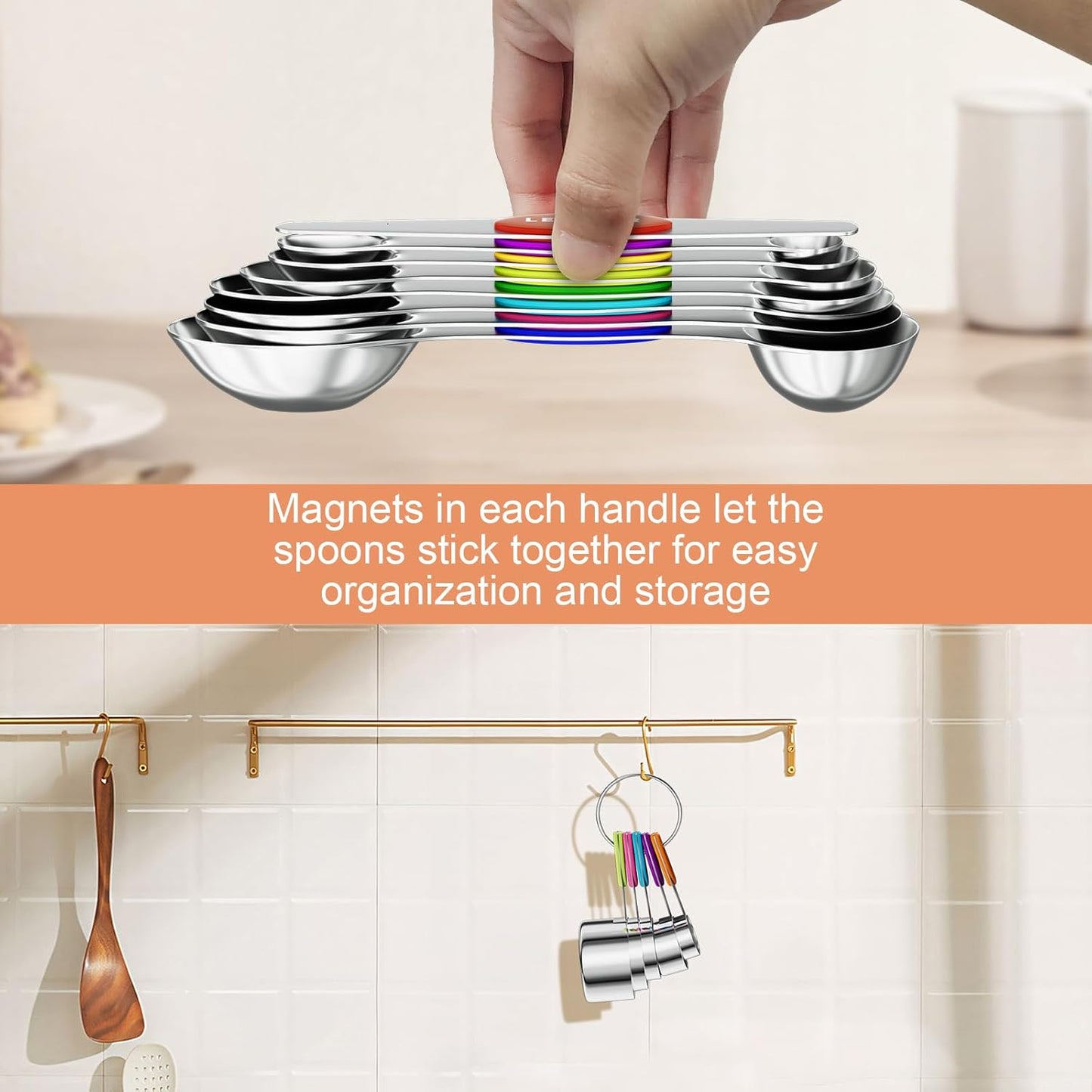 13-Piece Measuring Cups and Magnetic Spoons Set, 5 Stainless Steel Measuring Cups, 7 Double-Sided Magnetic Measuring Spoons & 1 Leveler for Cooking and Baking (5+7+1)