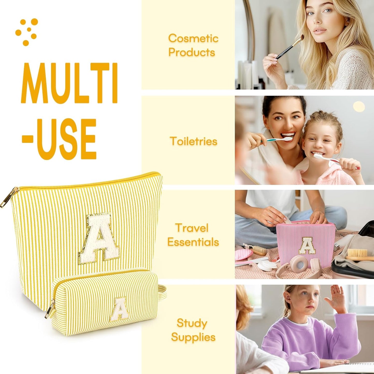 2 PCS Initial Makeup Bags for Women: Cosmetic Bag for Travel Toiletry - Birthday Gifts for 11 12 13 14 15 16 17 18 Years Old Girl Graduation Teacher Gift- Teen Girl Gifts Trendy Stuff - Yellow S