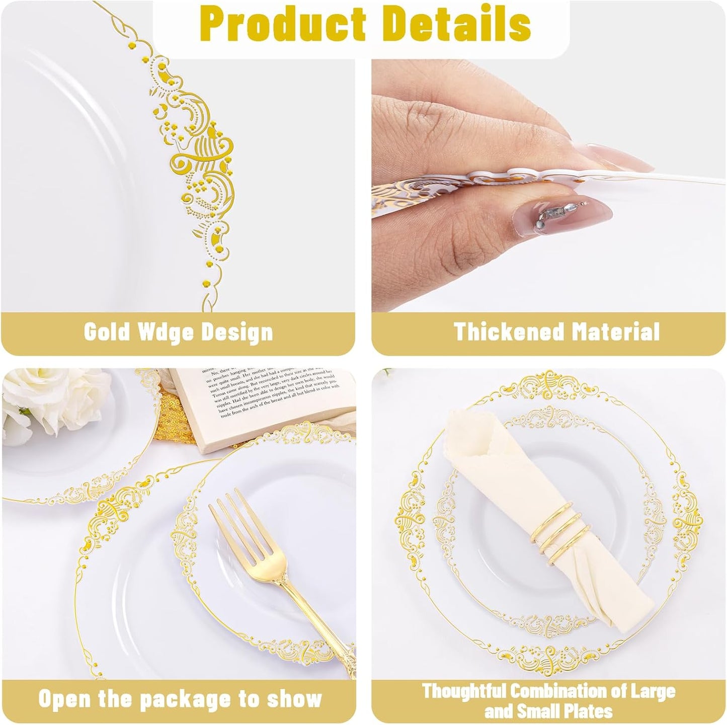 102PCS White and Gold Plastic Plates - Heavy Duty Gold Disposable Plates Include 51PCS 7.5inch Dessert Plates, 51PCS 10.25inch Dinner Plates for Christmas & Thanksgiving Parties