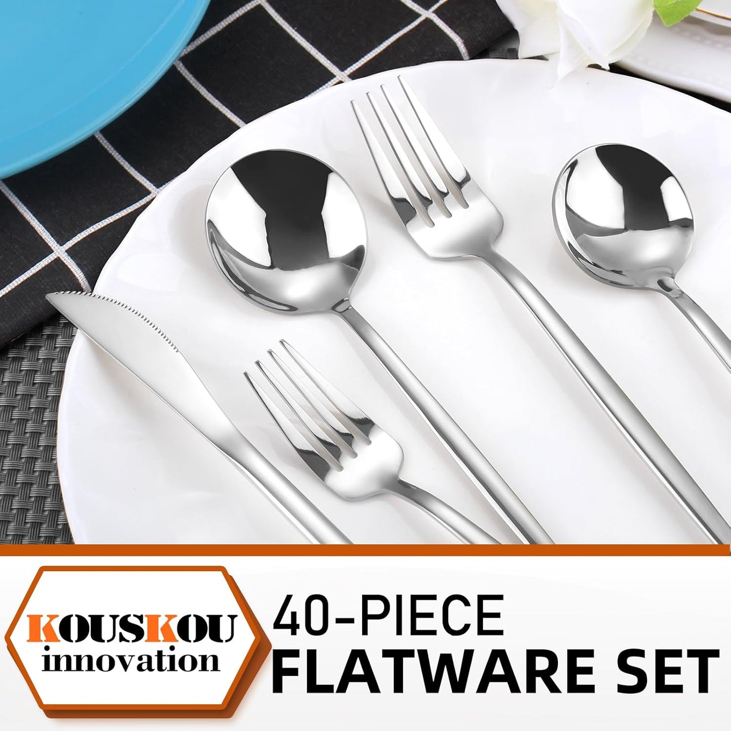 Mirror Silverware Set, 40-Piece Flatware Cutlery Set Service for 8, Mirror Polished Tableware Set, Utensils for Kitchens, Home and Restaurant, Dishwasher Safe