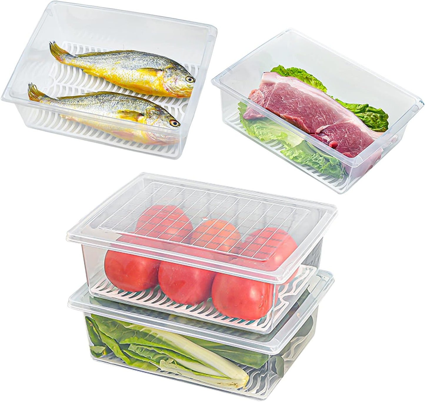 Food Storage Container, Plastic Food Containers with Removable Drain Plate and Lid, Stackable Portable Freezer Storage Containers - Tray to Keep Fruits, Vegetables, Meat (X-Large(4PCS))
