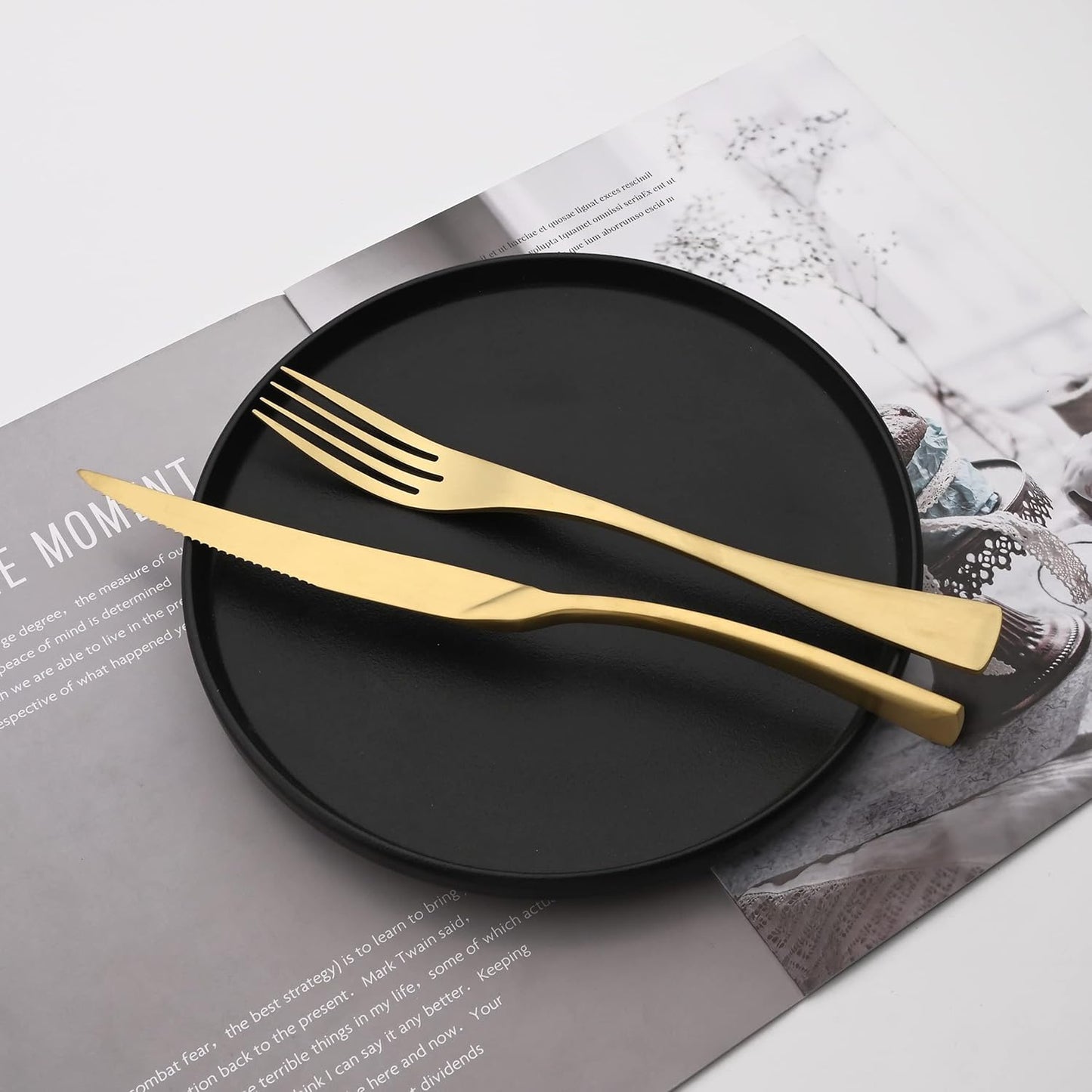 Luxury 18/10 Stainless Steel Matte Champagne gold Flatware Set - Silverware Cutlery Utensil Set Steak Knife Spoon and Fork Knife Serving Set,Service for 1 (6-Piece)