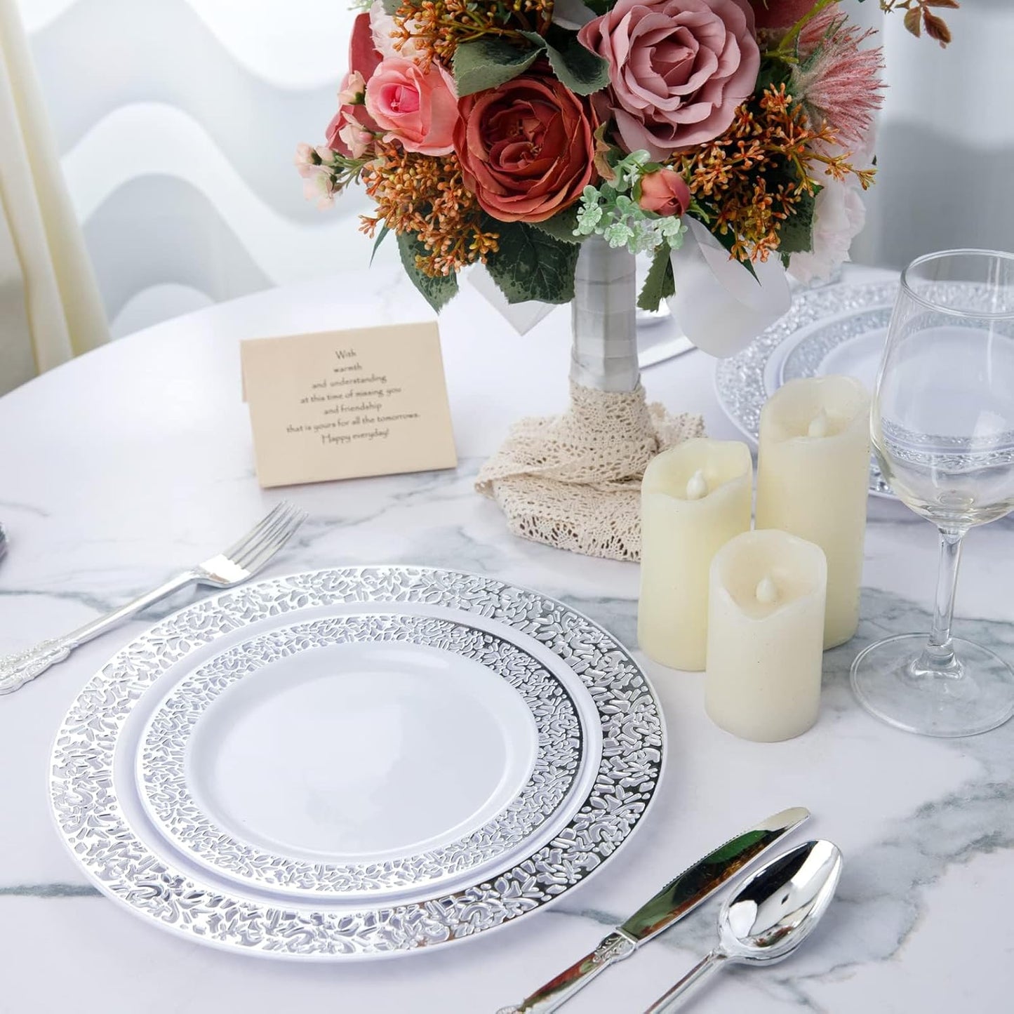 WDF 25Guest Silver Plastic Plates with Disposable Plastic Silverware &Silver Rim Cups- Include 25 Dinner Plates, 25 Salad Plates,25 Forks, 25 Knives, 25 Spoons&25 Cups for Christmas