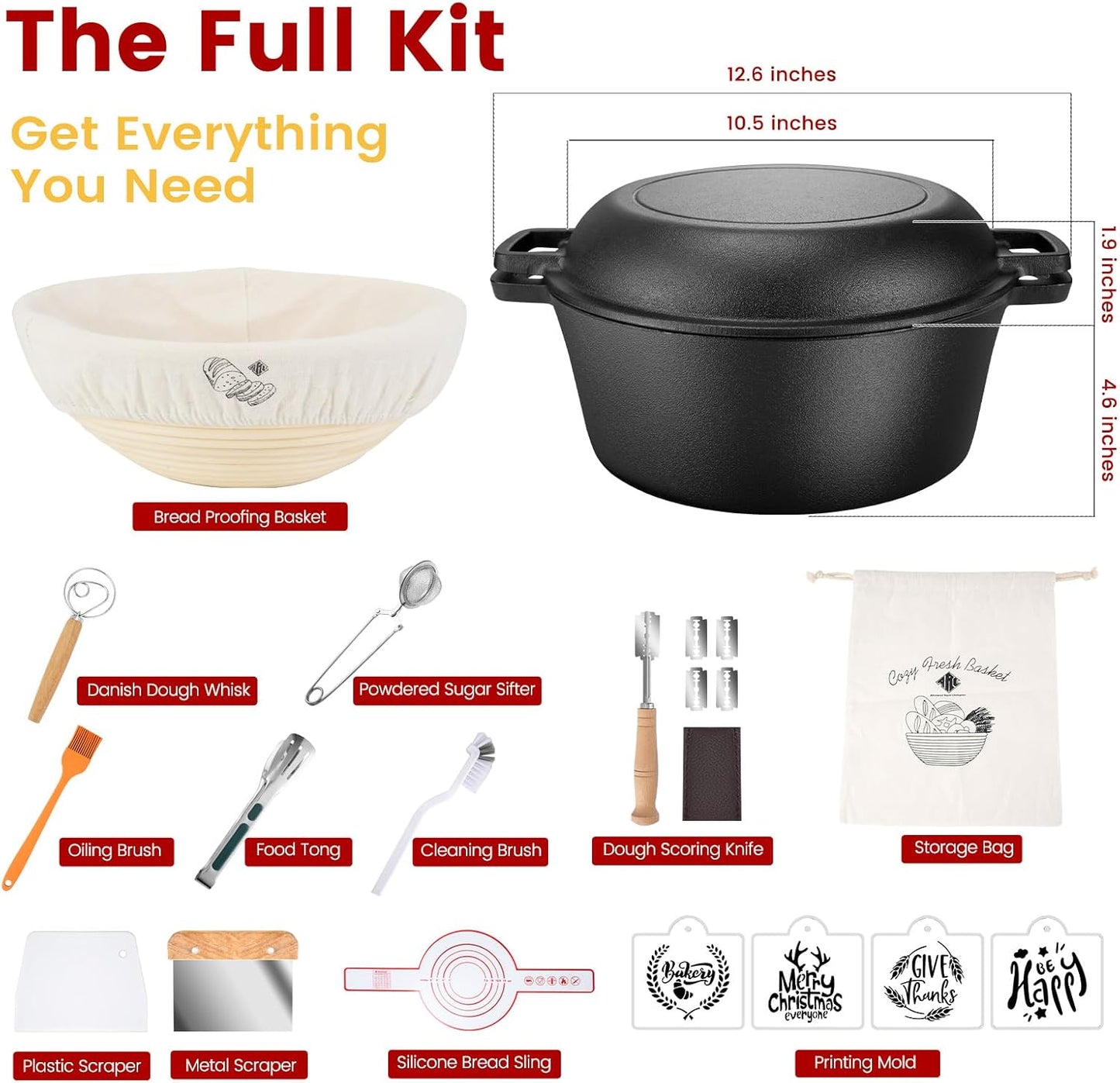 ARC 5QT Cast Iron Dutch Oven for Bread Baking with Skillet Lid, Sourdough Bread Baking Supplies Kit inc. Proofing Basket & Lame, Dutch Oven Pot for Sourdough, Braising, Frying, Bread Oven