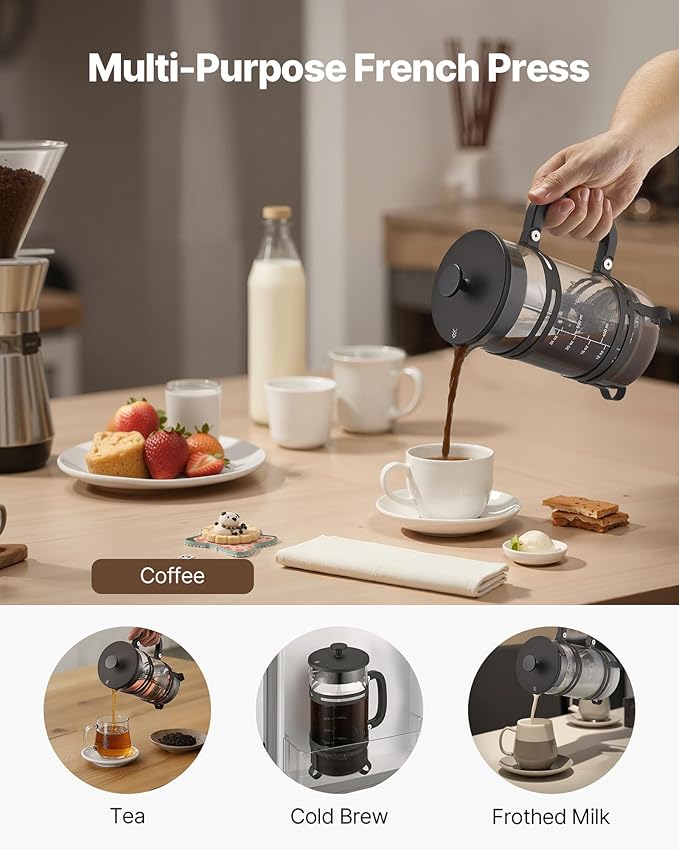 VEVOR French Press Coffee Maker, 34 Ounce 1 Liter Borosilicate Glass Coffee Press Tea Maker with Stainless Steel Filter, Large Glass French Presses Cold Brew for Camping Travel Home Kitchen, Black