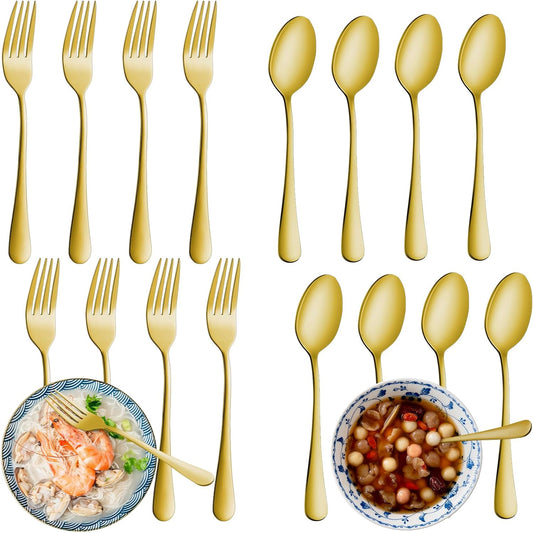 24 Pcs Gold Forks and Spoons Silverware Set, Food Grade Stainless Steel Flatware Cutlery Set for Kitchen and Restaurant, 12 Dinner Fork(8") and 12 Teaspoon(6.7"), Mirror Polished, Dishwasher Safe