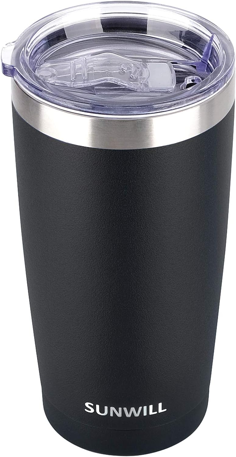 SUNWILL Travel Coffee Tumbler 20 oz, Insulated Mug with Lid, Stainless Steel Cup for Outdoor, Powder Coated Black