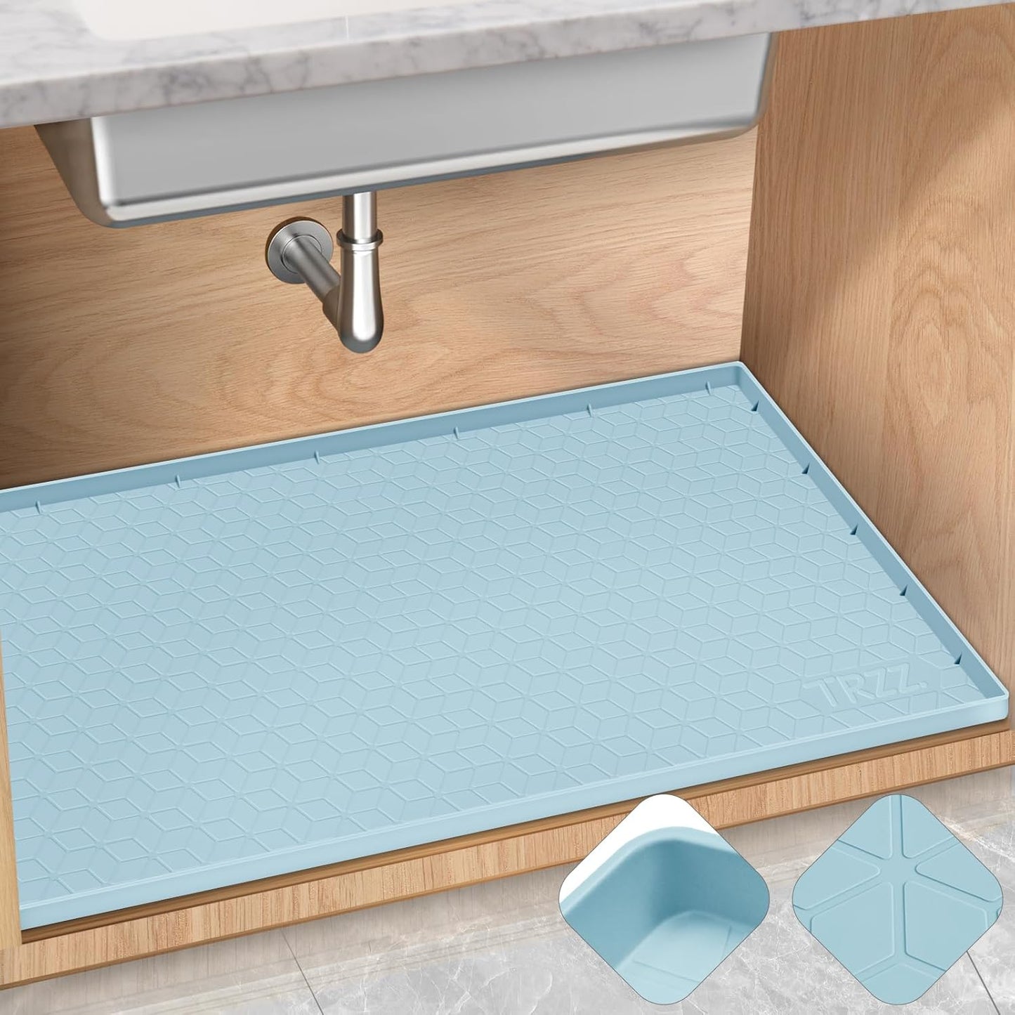 TRZZ Silicone Waterproof Under Sink Mat 28" x 22", Drip Tray and Cabinet Liner for Kitchen and Bathroom, Prevents Water Damage and Organizes Cabinets (Light Blue)