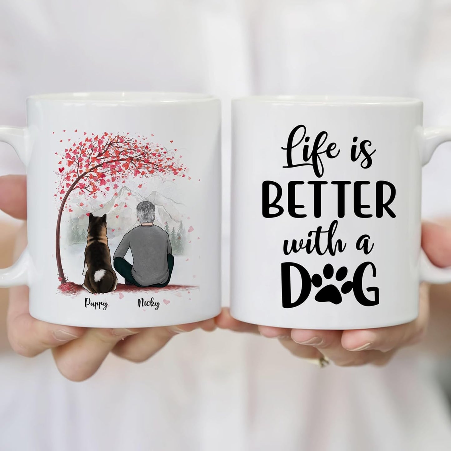 Gossby Personalized Dog Mug - Life is Better with a Dog (Man - Dog - Pink Tree) - 11oz, 15oz Customizable Dog Lover Mug for Dog Dad - Personalized Dog Dad Gifts for Dog Owners - White, Two-tone Mug