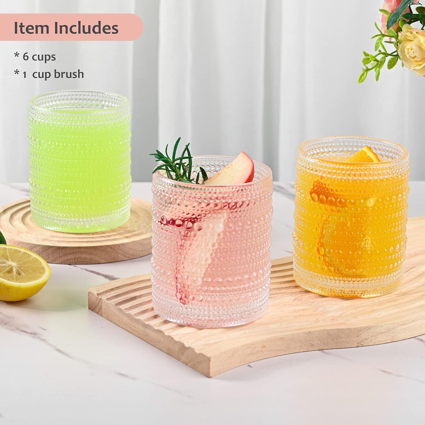 Vintage Glassware Drinking Glasses Set of 6,12 oz Hobnail Glass Cups,Embossed Clear Water Tumbler,for Beer,Cocktail,Whiskey,Juice and Various Mixed Drinks- 1 Cleaning Brush