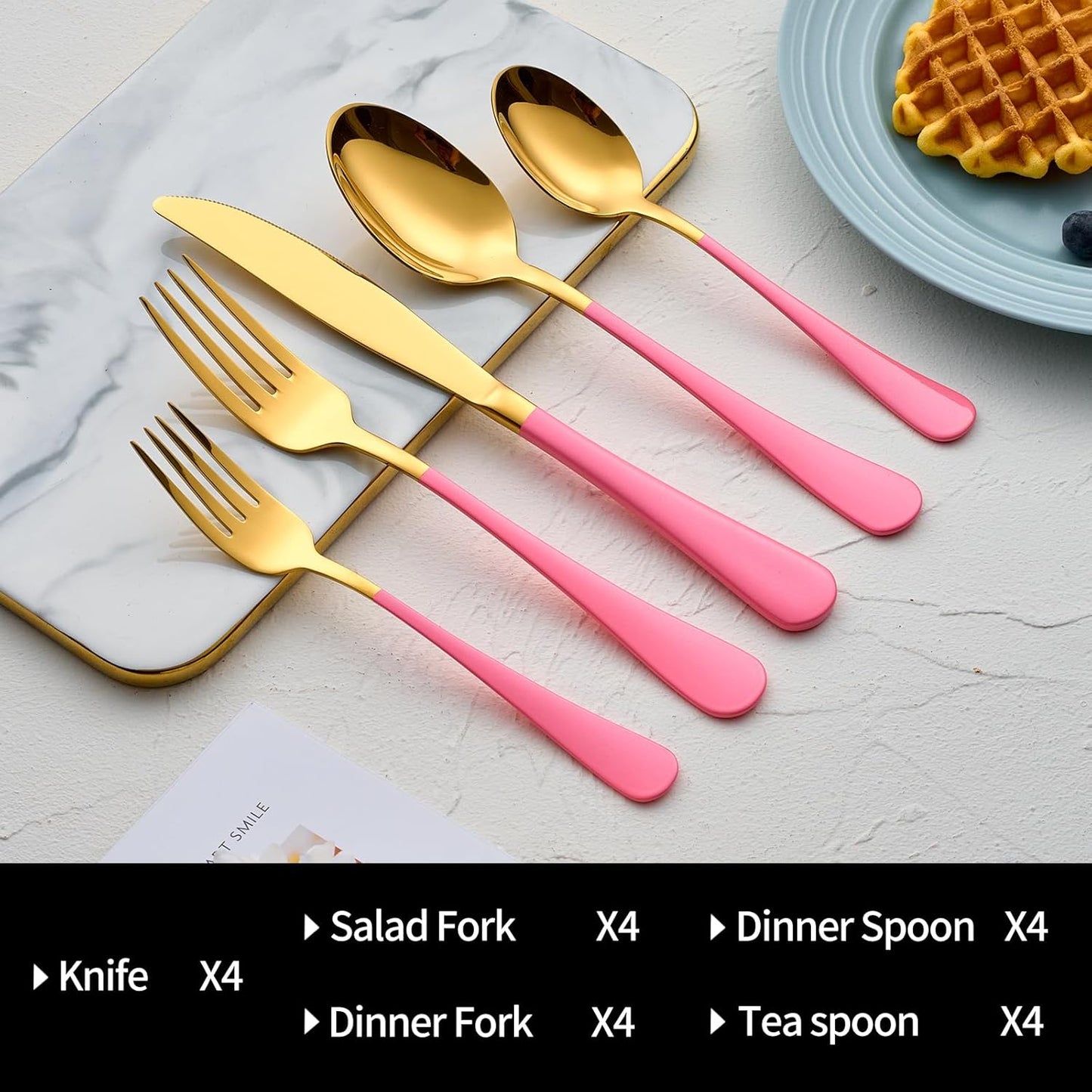 20-Pieces Gold and Pink Silverware Sets for 4,Pink Handle Stainless Steel Cutlery Set, Include Forks Spoons and Knives Set, Dishwasher Safe Utensil Sets for Home Restaurant