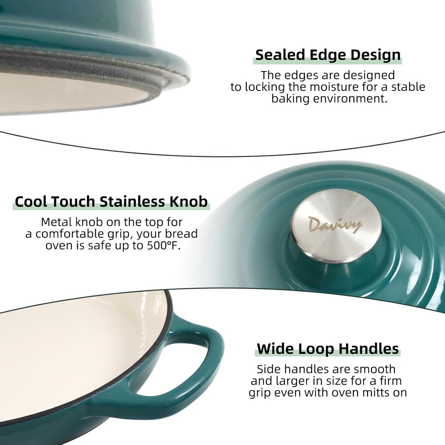 Davivy 5.5QT Cast Iron Sourdough Bread Pan with Silicone Oven Mitts, Enameled Cast Iron Bread Cloche, 10" Round Sourdough Dutch Oven with Lid, Dutch Oven for Sourdough Bread - Gradient Teal