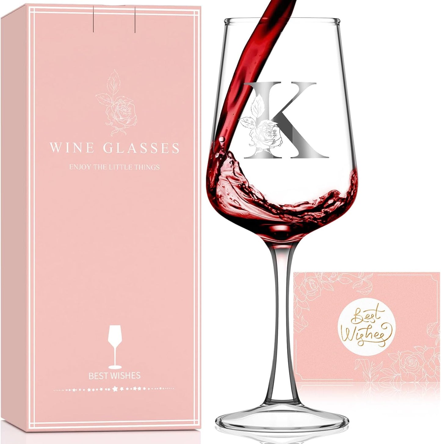 Personalized Wine Glass Gifts for Women - Monogrammed A-Z Wine Glasses Gift | Custom Christmas Gift, Valentines Day, Birthday Gifts for Women Her Mom Wife Best Friend Sister (K)