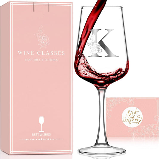 Personalized Wine Glass Gifts for Women - Monogrammed A-Z Wine Glasses Gift | Custom Christmas Gift, Valentines Day, Birthday Gifts for Women Her Mom Wife Best Friend Sister (K)