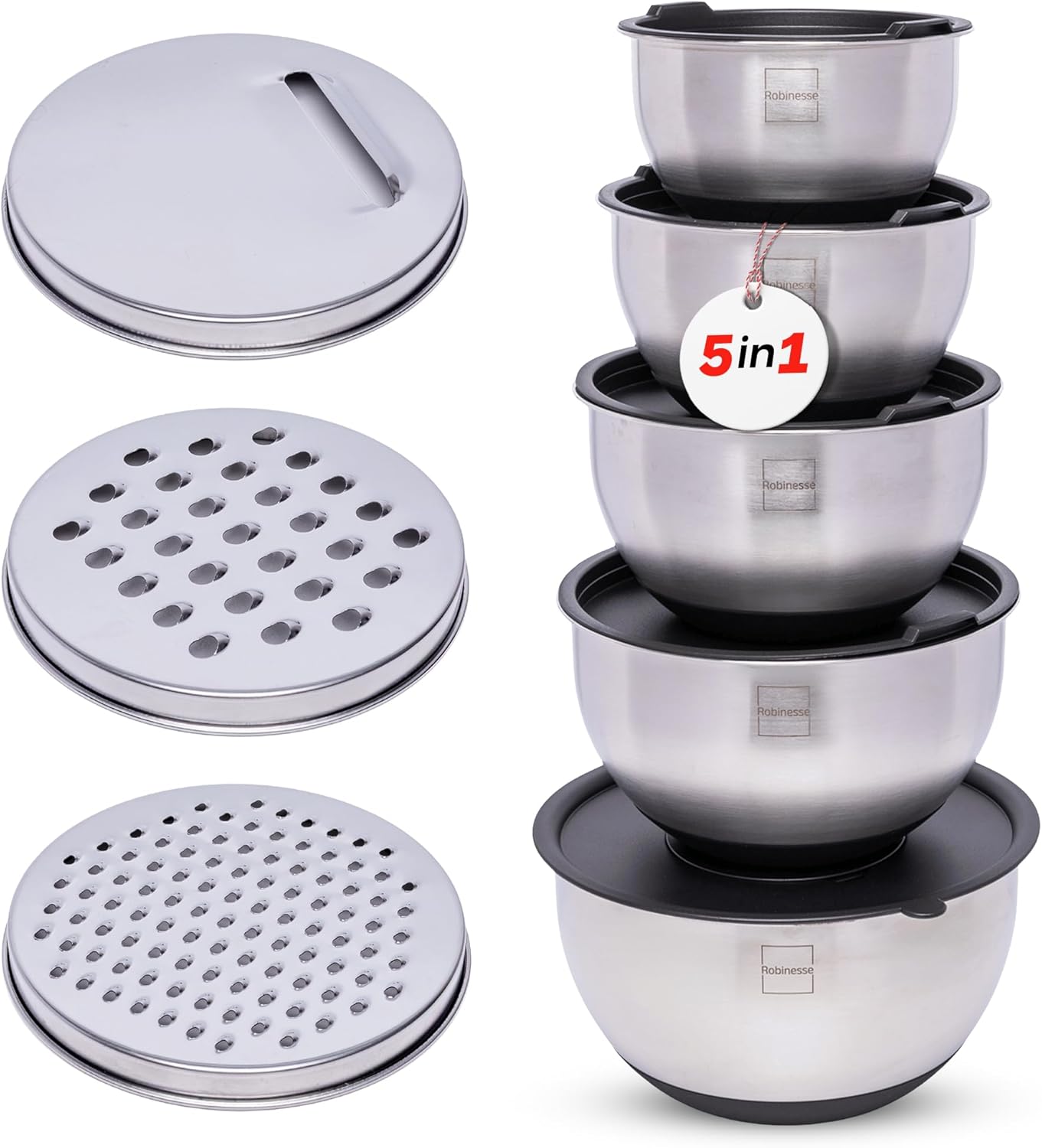 Stainless Steel Mixing Bowls Set of 5, Large Nesting Bowls with Airtight Lids for Food Prep, Cooking, Baking, Salad, and Outdoor Dining (Black, 5 Pcs)