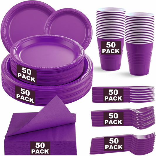 MirthMood 350Pcs Purple Party Supplies, Purple Plastic Dinnerware Set, Including Plates and Napkins, Plastic Cutlery and 12OZ Cups