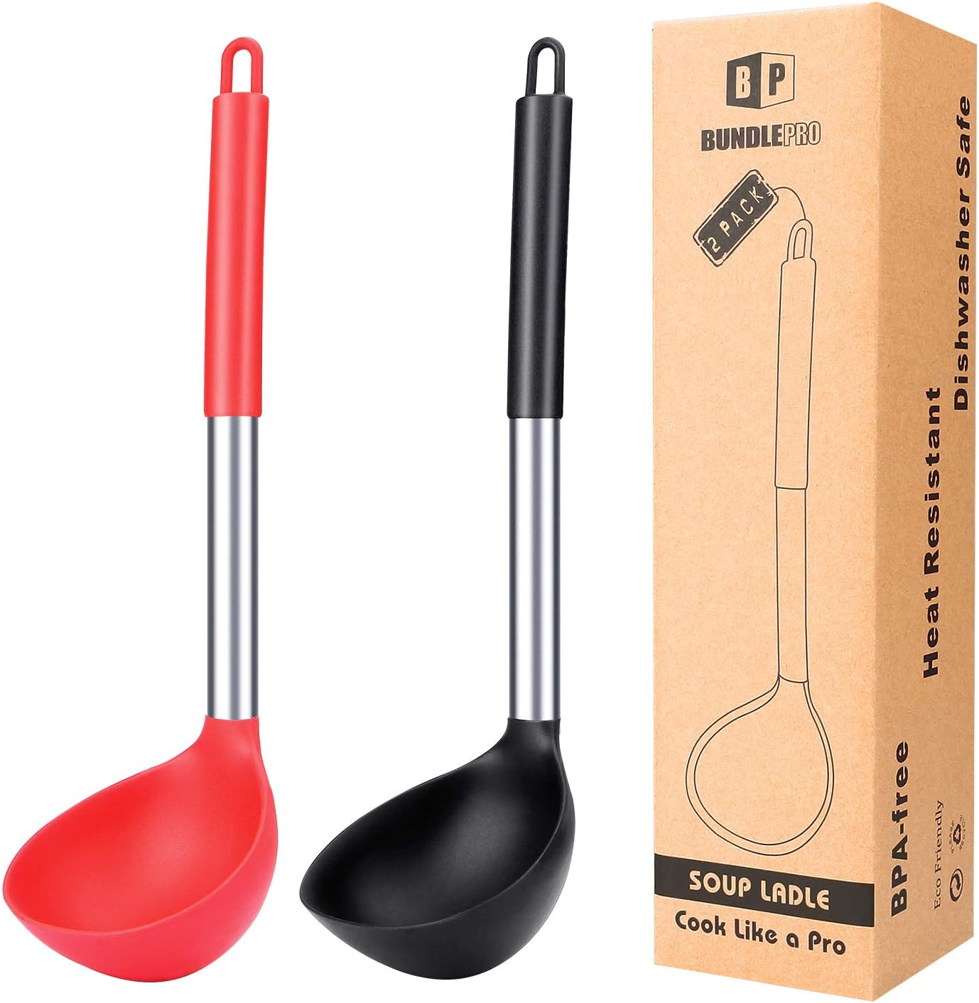 Pack of 2 Ladle Spoon,Silicone Large Spoon for Soup,Non Stick Kitchen Utensils with High Heat Resistant,BPA Free Perfect Kitchen Tools for Cooking, Stirring,Serving Soups (BLACK-RED)