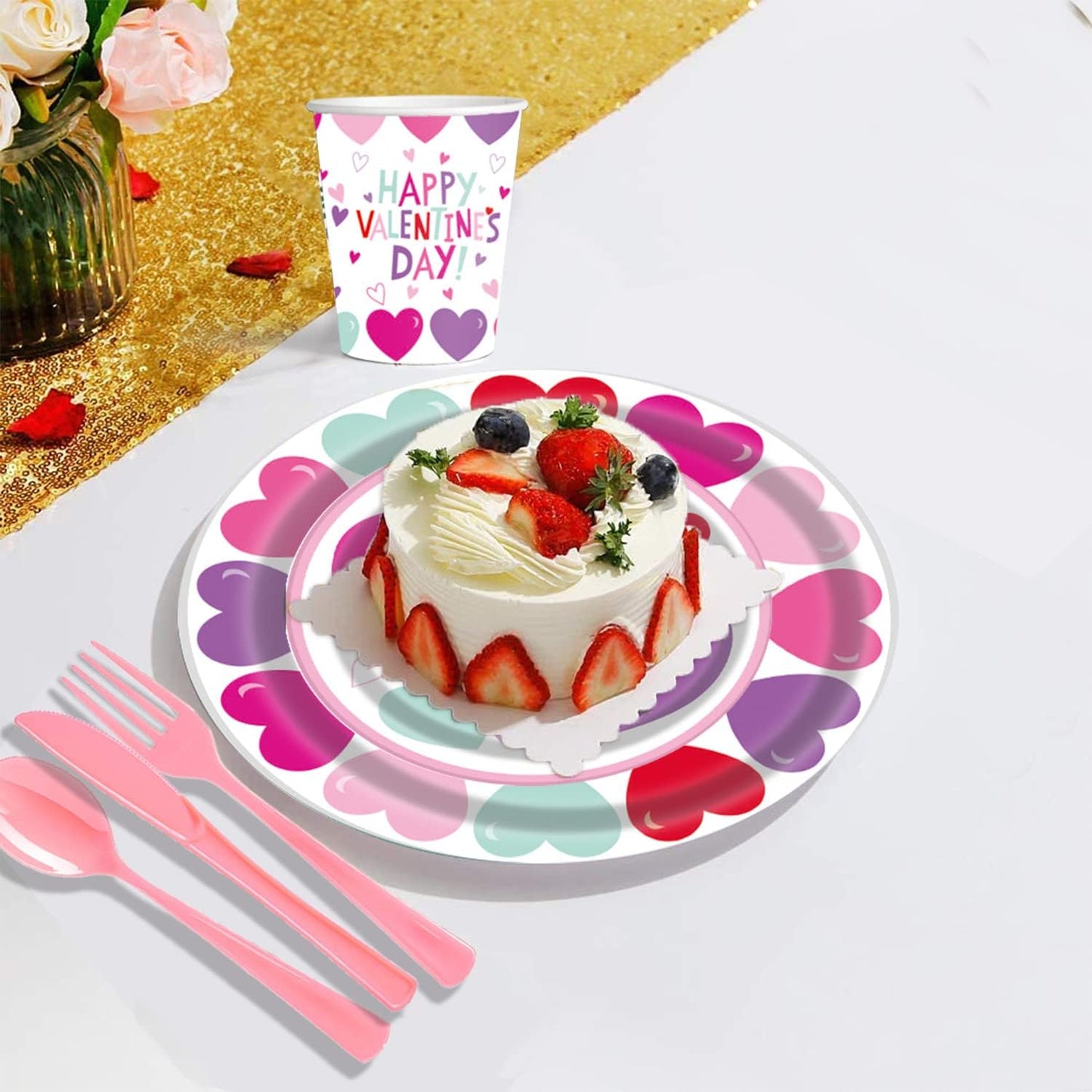 Valentines Day Heart Tableware for Kids, 25 Set Disposable Dinnerware Set - Paper Plates Napkins Cups, tablecloths Pink Plastic Forks Knives Spoons for kids school party