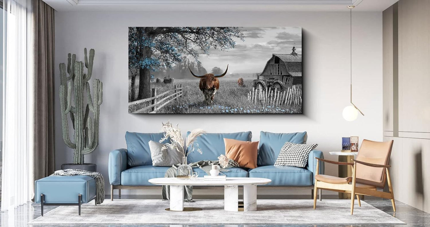 yiijeah Large Country Brown Cow Blue Tree Pictures Farmhouse for Living Room Rustic Wall Decor for Master Bedroom Wall Decor Above Bed Wall Art