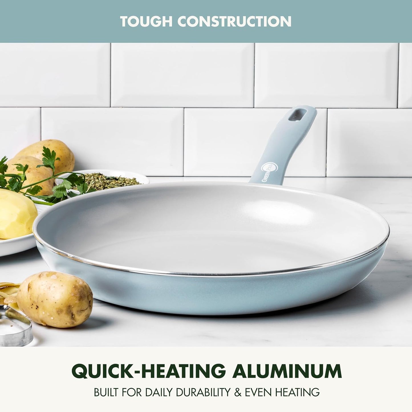 GreenPan Dover 10” Frying Pan Skillet, Non-Toxic PFAS-Free Ceramic Nonstick Coating, Sear Saute Fry Egg Omlete, Dishwasher & Oven Safe, Stay Cool Handle, Easy Pour Rims, Blue Haze