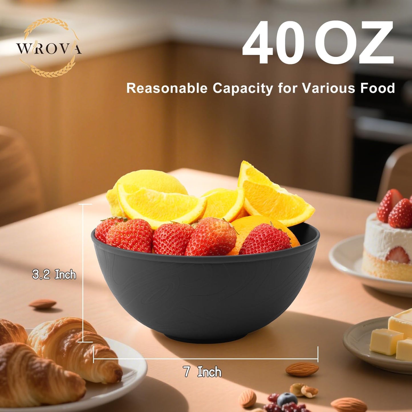 Wrova Black Cereal Bowls 40oz for Cereal Lover,Unbreakable Alternative Plastic Bowls Set of 6,Extra Thick Anti-Scald Bowl Sets suitable for Salad,Soup and Fruit.