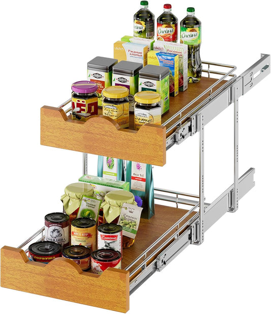 DINDON 2 Tier Pull Out Cabinet Organizer (11" W x 21" D) Slide Out Wood Shelf Organizers Double Tier Kitchen Wire Basket with Chrome Finish…
