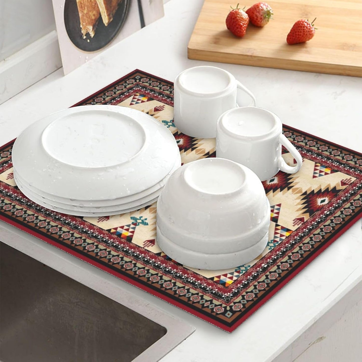 Southwestern Tribal Aztec Dish Drying Mat for Kitchen Counter, Cute Decorative Dish Drainer Rack Mats 16x18 Inch Absorbent Reversible Drying Pad